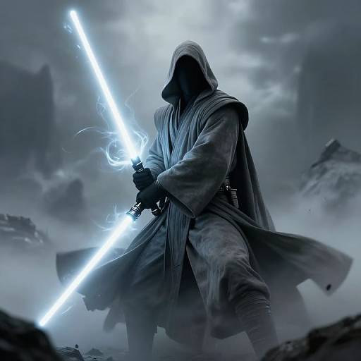Silhouetted Jedi in hooded robes wields glowing blue lightsaber, surrounded by misty, rocky landscape; dramatic, atmospheric sci-fi digital