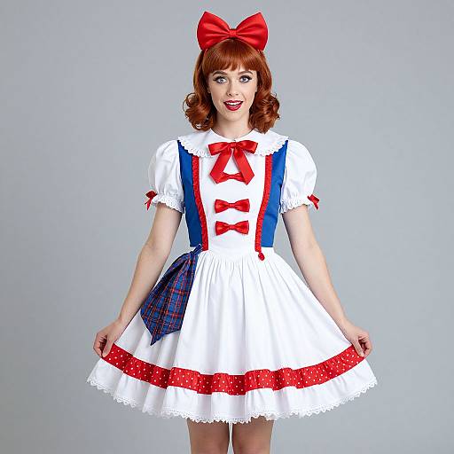 Photograph of a fair-skinned woman with red curls, wearing a white dress with red bows, blue suspenders, and a red plaid pocket