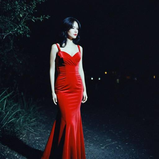Woman in Elegant Red Evening Gown at Night