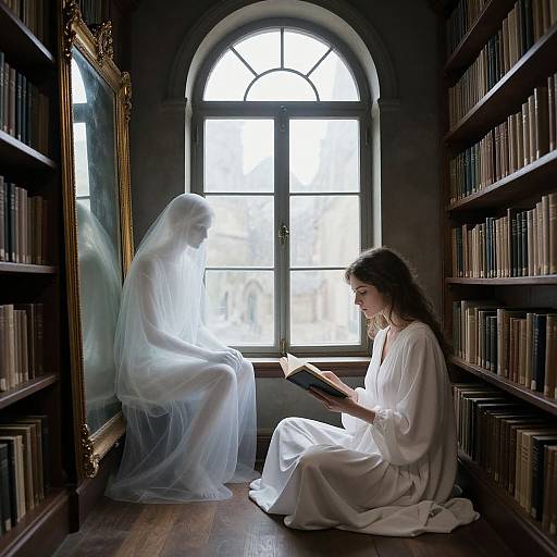 Photograph: Ethereal ghostly woman in white dress, mirror reflection, sits opposite living woman reading book, library, arched window, wooden shelves