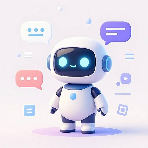 CGI image of a cute, white and black robotic character with glowing blue eyes and a smiling face, standing against a white background with floating speech bubbles