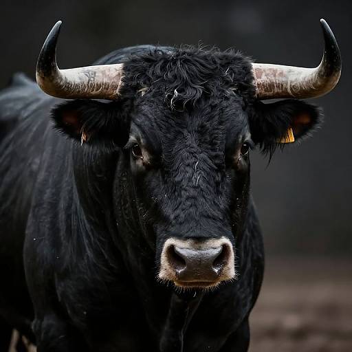 Photograph of a black bull with large, curved horns, gazing forward; dark, textured fur; white nose; deep brown eyes; blurred background