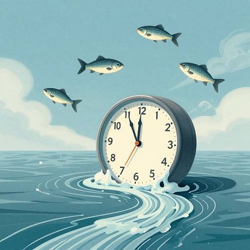 Digital illustration: A floating clock with black hands and numbers, submerged in ocean water, surrounded by five fish in a blue sky with white clouds.