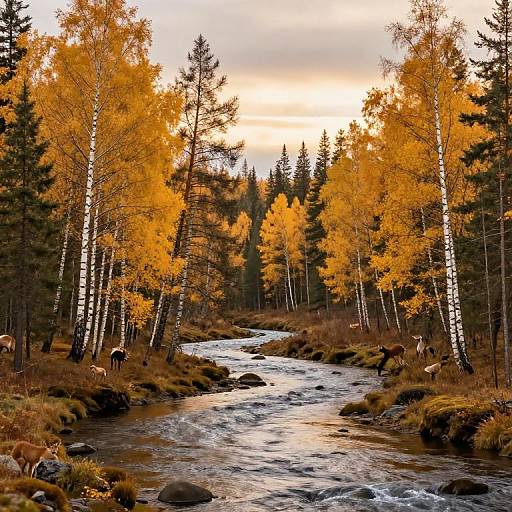 Photograph of a serene autumn forest with golden-yellow birch trees, a flowing river, and grazing deer, under a cloudy sunset sky.