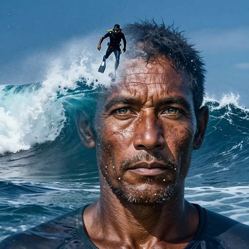 Photograph of a rugged, wet-faced man with short, spiky hair, standing in front of a crashing blue ocean wave, with a small,