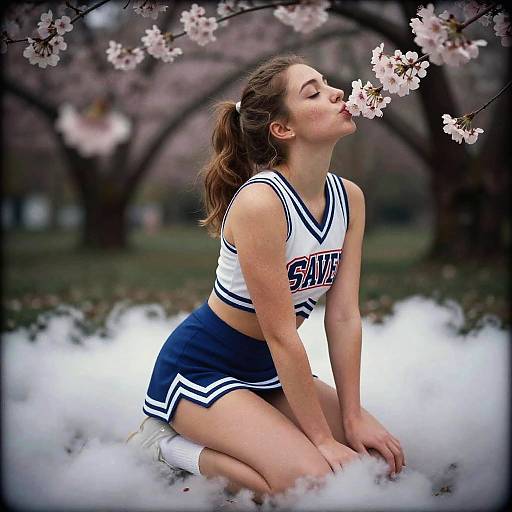 Photograph of a young Caucasian cheerleader with brown hair in a ponytail, kneeling on white mist, kissing cherry blossoms, wearing a white and