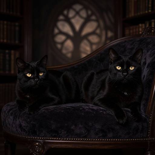 Elegant Black Cats in Gothic Library