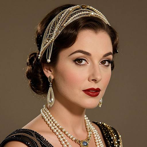 Vintage-style photograph of a fair-skinned woman with dark brown hair, wearing a beaded headband, pearl necklace, earrings, and red lipstick,