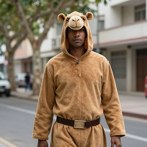 Photograph of a serious Black man wearing a camel onesie with bear ears and muzzle, standing on a street with blurred buildings and trees in the background