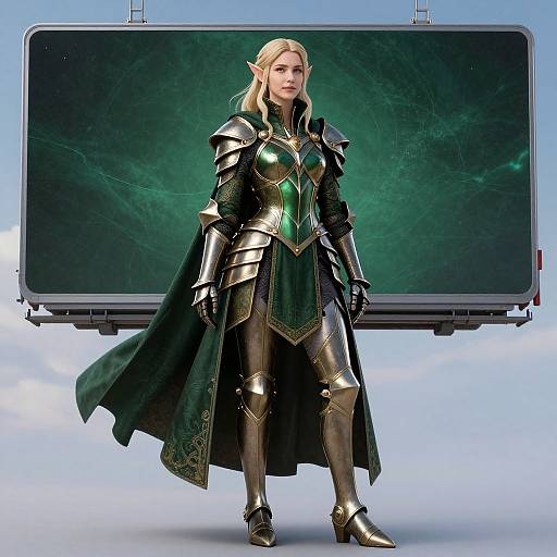 Photorealistic CGI of a blonde elf woman in green and gold armored attire, standing confidently in front of a large screen. She wears a dark green