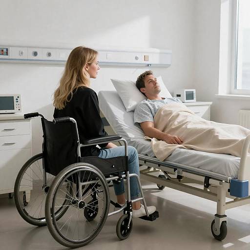 Woman in Wheelchair Visiting Patient in Hospital Room