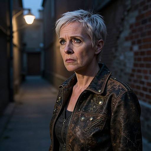 Photograph of an older woman with short, silver hair, wearing a dark leather jacket, standing in a dimly lit, narrow alley at dusk.
