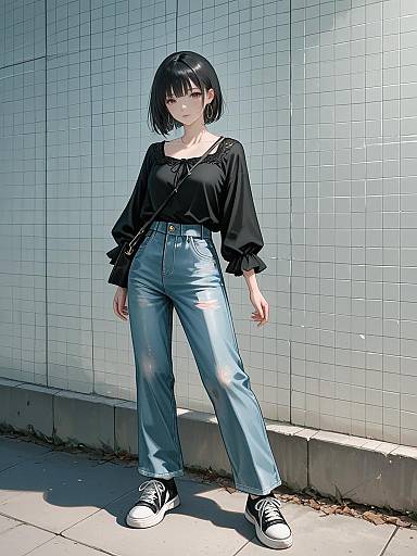 Casual Woman in Black Top and Denim Jeans