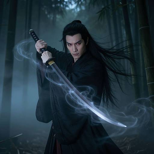 Photograph of a fierce, dark-haired samurai in a forest at night, holding a glowing, smoke-wrapped katana, intense red eyes glowing