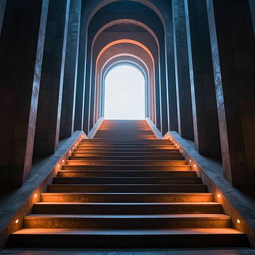 Photograph of a dimly lit, arched staircase with illuminated steps leading to a bright, white-lit exit. Warm orange lights accentuate the