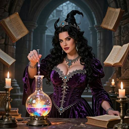 Photorealistic digital art of a dark-haired witch in a purple corset, stirring a glowing potion in a dimly lit, candle-lit library