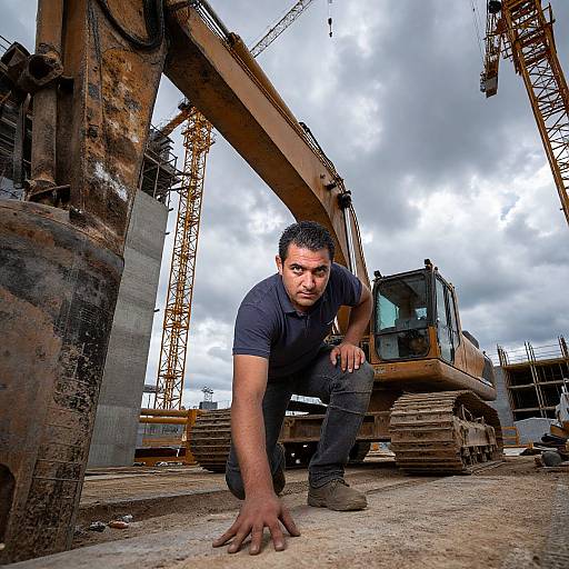 Photograph of a muscular man in a dark shirt and pants, crouching in a construction site with cranes, cloudy sky, and industrial machinery