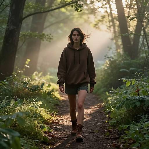 Determined Figure on Misty Forest Path