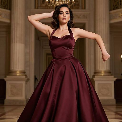 Photograph of a dark-haired woman in a deep burgundy, halter-neck ball gown, striking a dramatic pose in an opulent, grand hall
