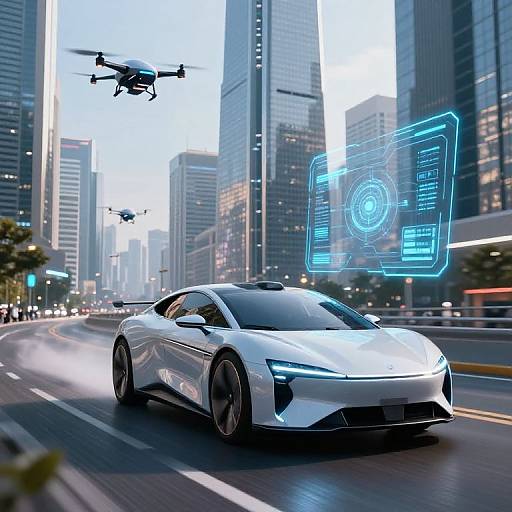 Photograph of a sleek white sports car speeding through a futuristic city, flanked by tall skyscrapers, with a drone flying overhead and a holog