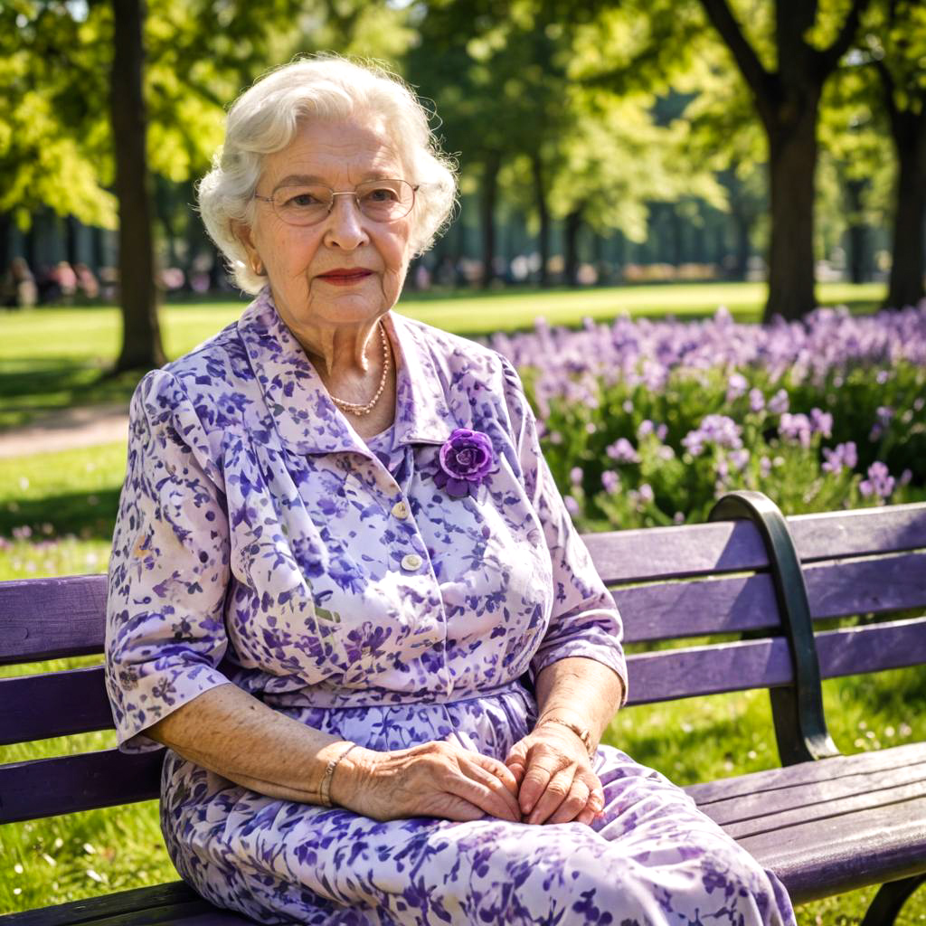 Elderly Woman in Floral Dress at Park