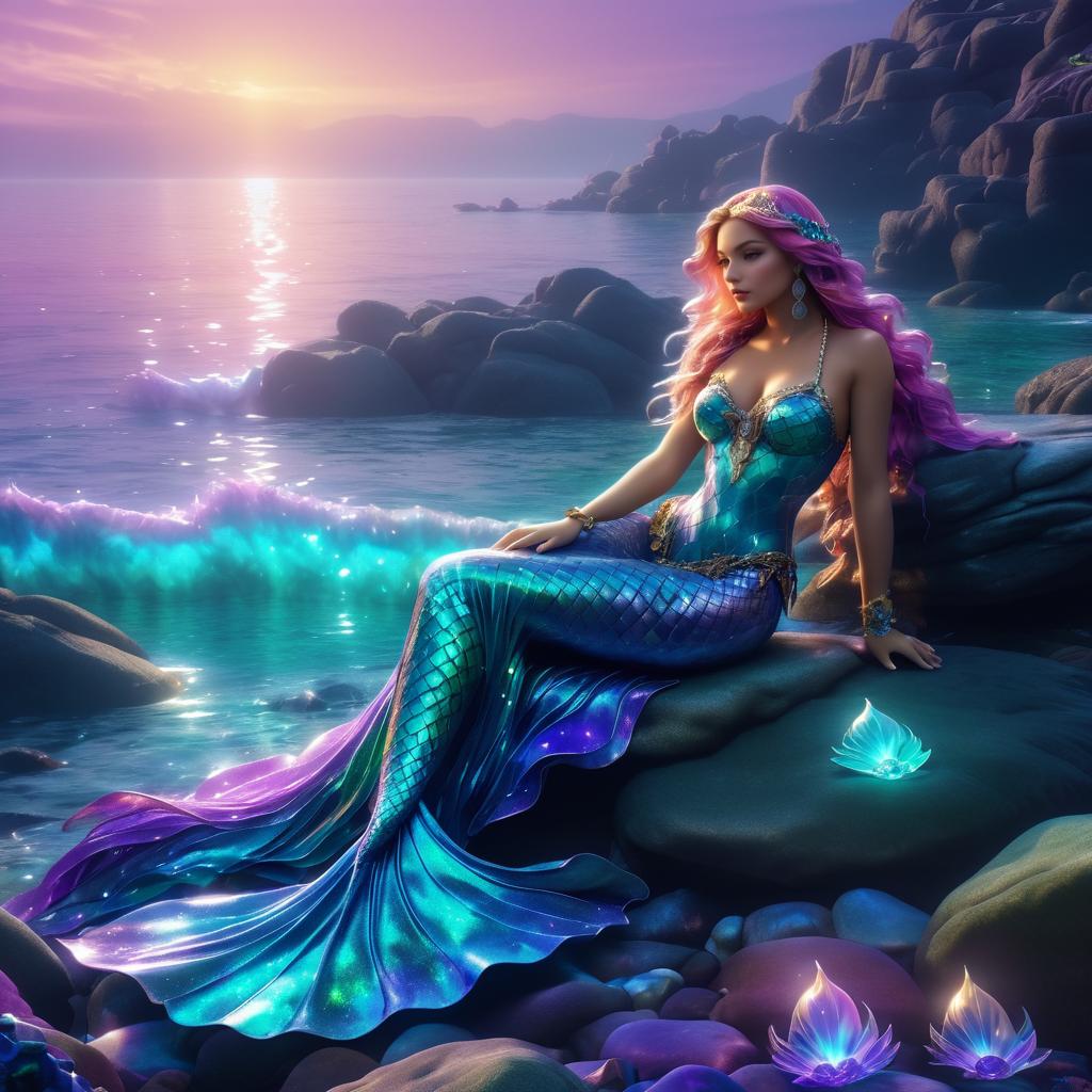 Elegant Mystical Mermaid on Rocky Shore