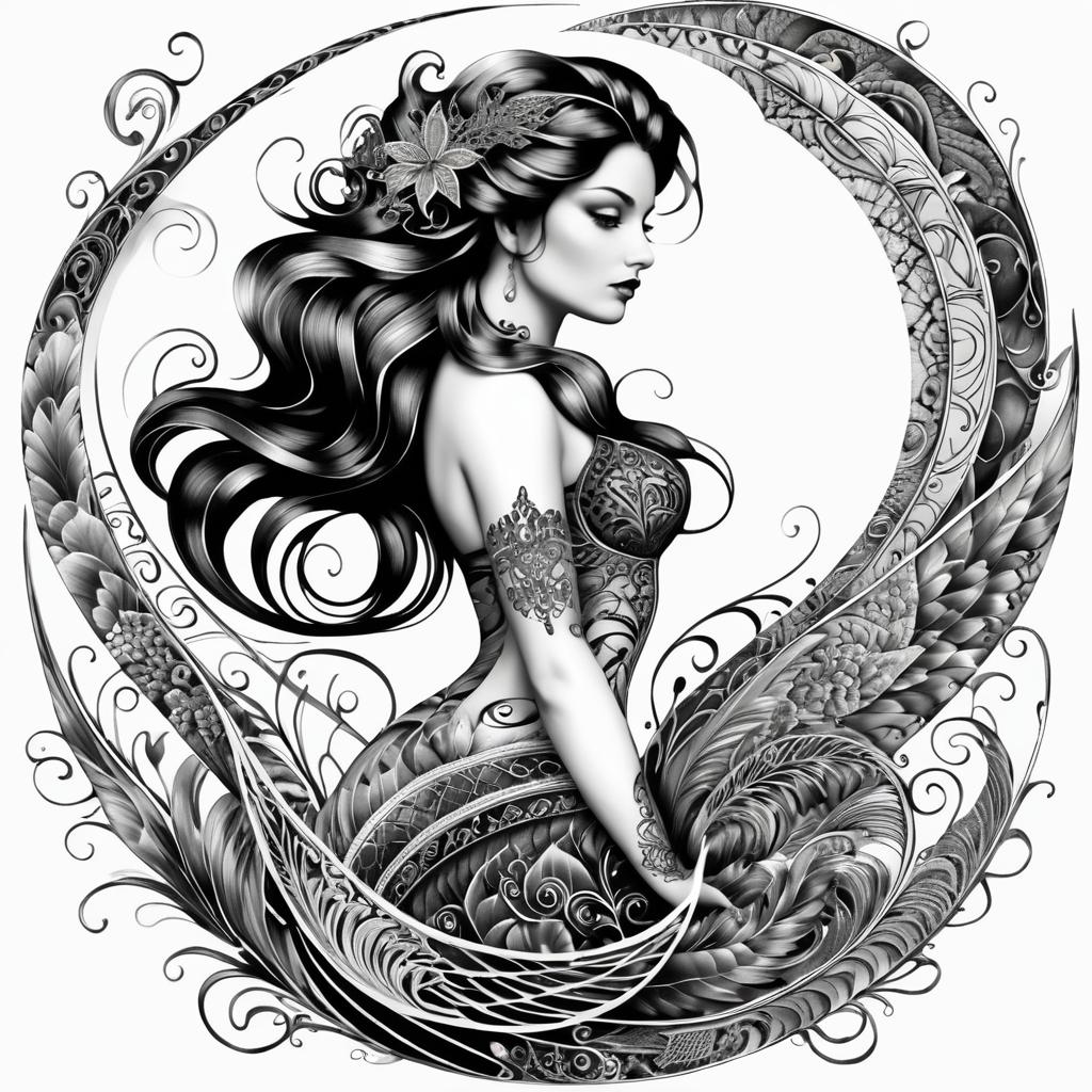 Intricate Black and White Mermaid Tattoo Design