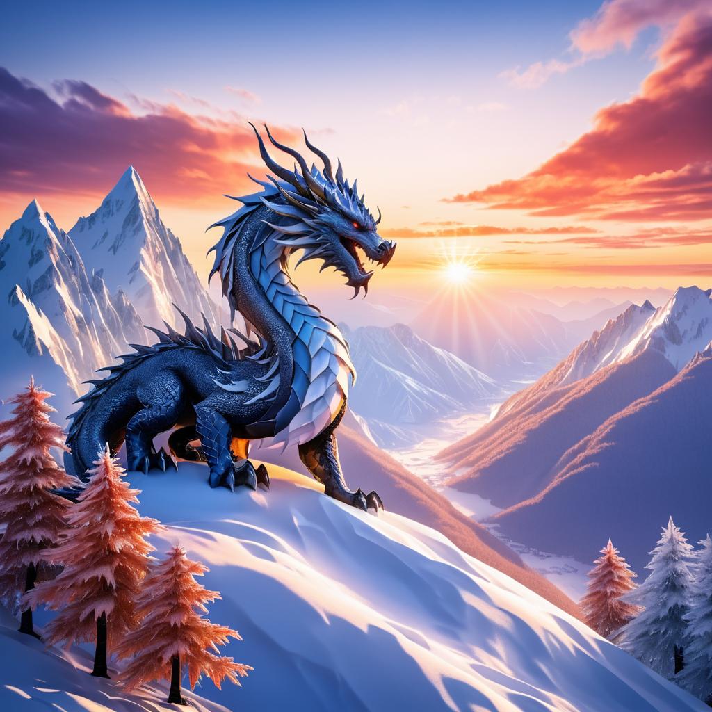 Majestic Dragon Over Snowy Sunset Mountains