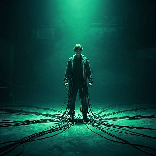 Photograph: Silhouetted man in dark suit stands center stage under green spotlight, surrounded by long, black cables radiating outward on a dark