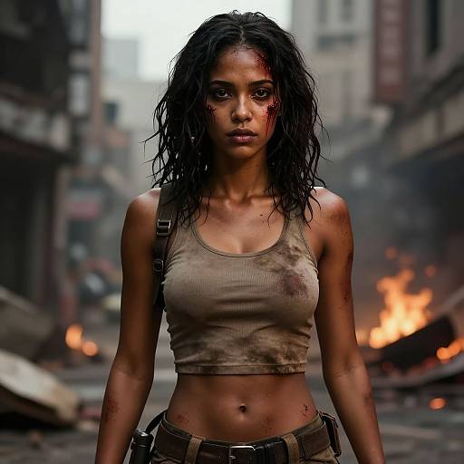 Photorealistic CGI of a bruised, dirty, dark-haired woman in a torn beige tank top and military pants, standing in a fiery, ruined