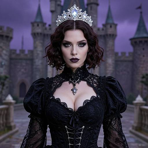 Gothic-style photograph of a pale-skinned woman with dark wavy hair, wearing a silver tiara, black lace corset dress, and