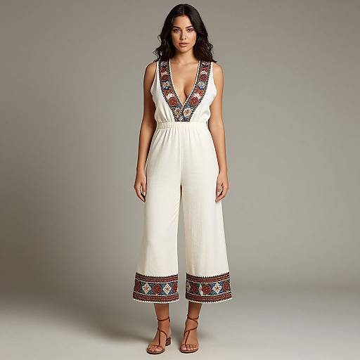 Photograph of a dark-haired woman in a white, deep V-neck, sleeveless jumpsuit with colorful embroidered trim on the neckline and hem, standing
