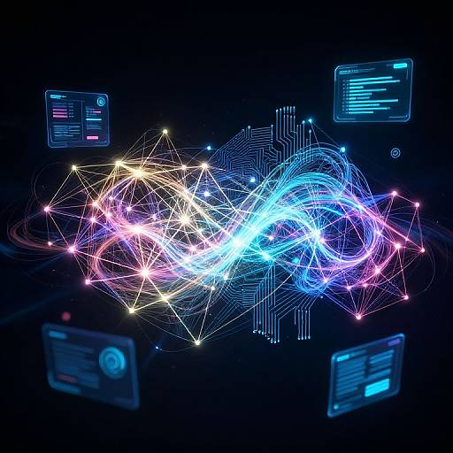 Digital art of colorful, neon light trails forming a complex network against a dark background, surrounded by floating, glowing computer screens.