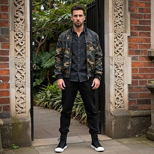 Photograph of a bearded man with short dark hair, wearing a camouflage jacket over a black button-up shirt, black pants, and black sneakers,