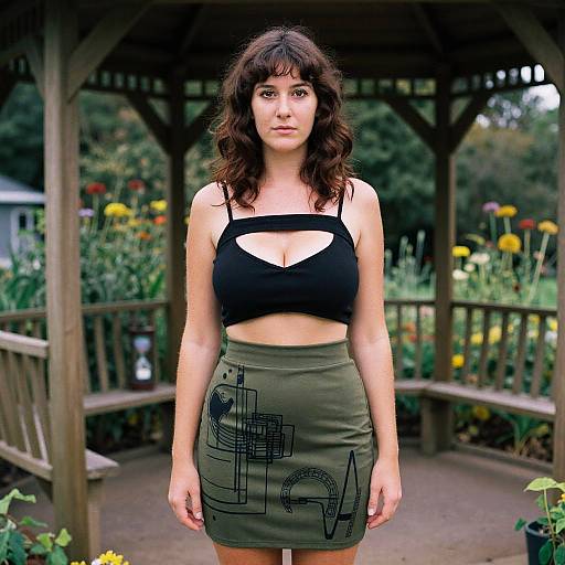 Photograph of a young woman with wavy brown hair, wearing a black crop top and olive green skirt with geometric patterns, standing in a wooden gaze