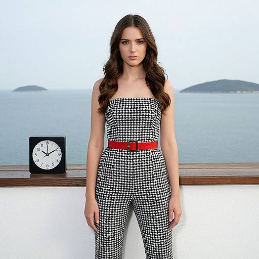 Photograph of a woman with long brown hair, wearing a black-and-white houndstooth strapless jumpsuit, red belt, standing by a