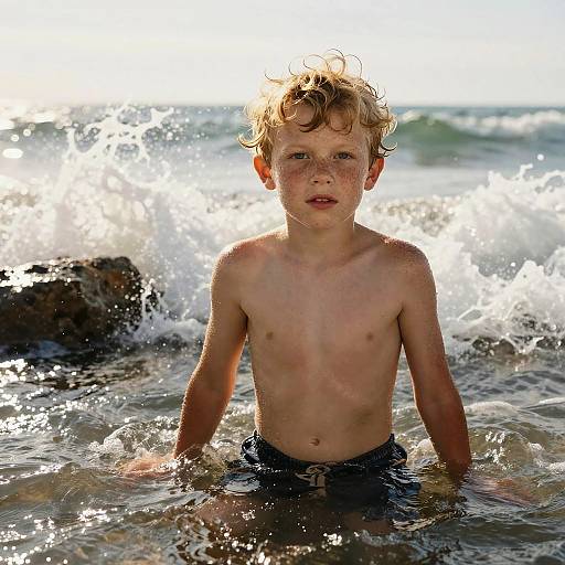 Photograph of a young, shirtless boy with wet, curly blonde hair, standing in shallow ocean water, splashing waves behind him.