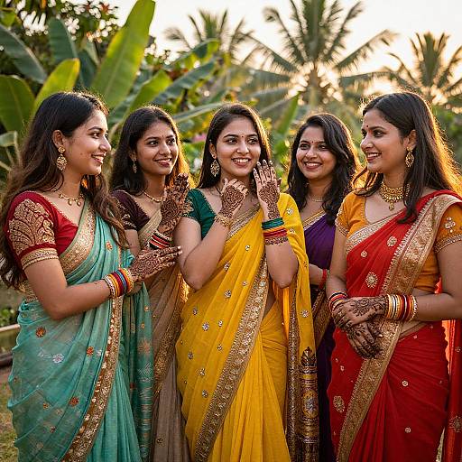 Photograph of five smiling Indian women in colorful traditional sarees with gold embroidery, standing outdoors, showing henna on hands. Green, yellow, red