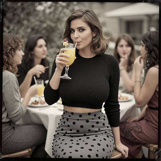 Photograph of a brunette woman with wavy hair, wearing a black crop top and gray polka-dot skirt, sipping a cocktail at an outdoor