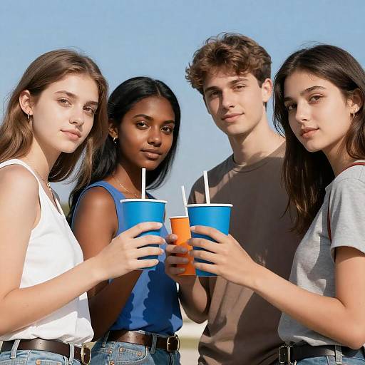 Group of Young Adults Holding Soda Cups Outdoors