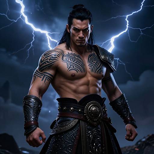 Photograph of a muscular, tattooed warrior with long black hair, wearing leather armor and a dark skirt, standing under dramatic lightning bolts in a storm