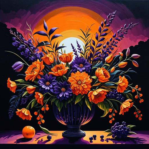 Vibrant Sunset Floral Arrangement Oil Painting