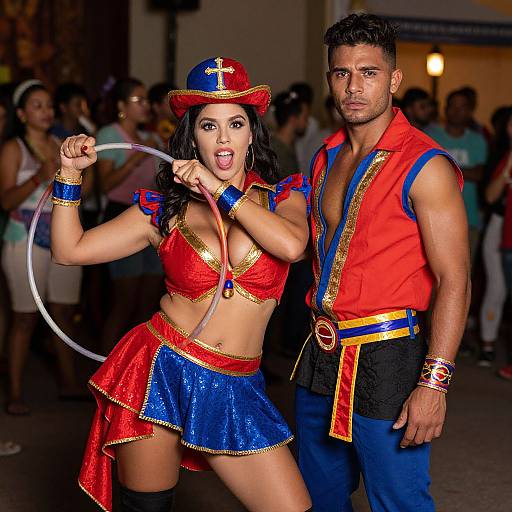 Photograph of a muscular man in a red sleeveless vest and blue-trimmed black pants, standing beside a Latina woman in a red and blue