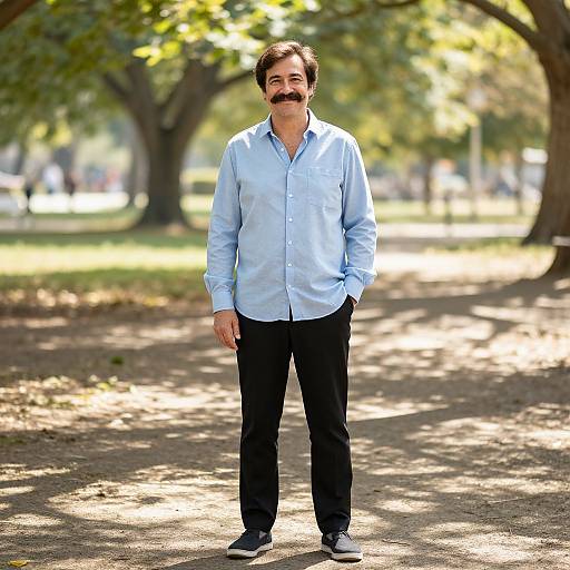 Photograph of a middle-aged man with brown hair and mustache, wearing a light blue shirt, black pants, and black shoes, standing in a