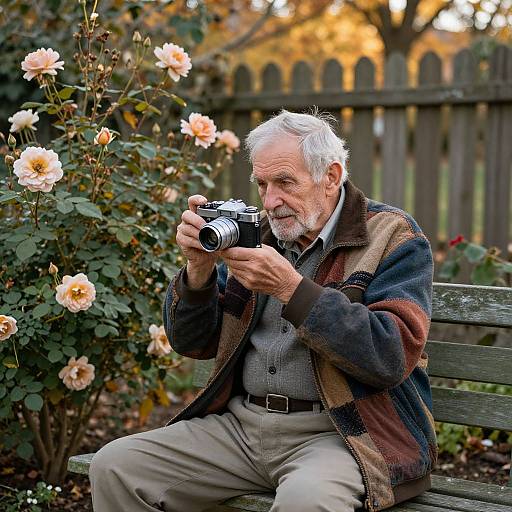 Old Man with Vintage Camera in Garden