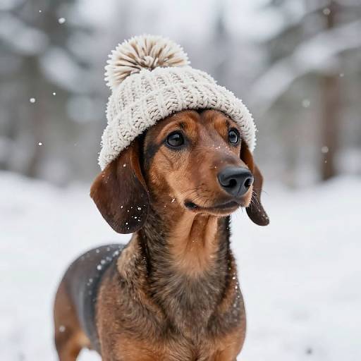 Photograph of a brown and black dachshund wearing a white, fuzzy knit hat with a pom-pom, standing in a snowy forest.
