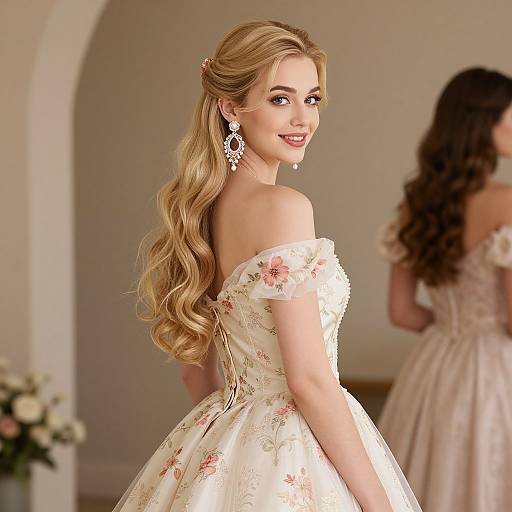 Photograph of a blonde woman with long, wavy hair in an off-shoulder floral wedding dress, smiling, reflected in a mirror.