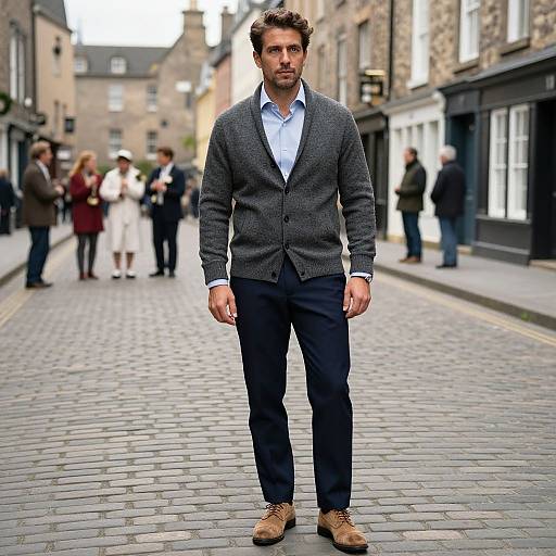 Photograph of a handsome, bearded man in a gray cardigan, blue shirt, black pants, and brown shoes standing on a cobblestone