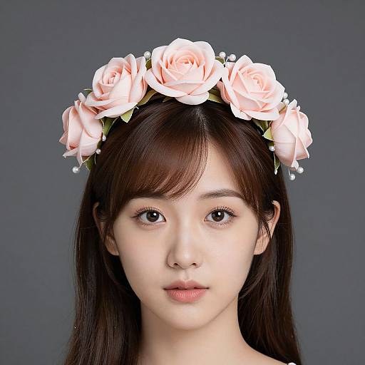 Photograph of an East Asian woman with fair skin, straight black hair, and pink flower crown, against a dark gray background.