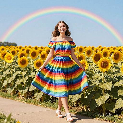 Photograph of a smiling woman in a rainbow-striped off-the-shoulder dress, standing in a sunflower field with a vibrant rainbow in the clear